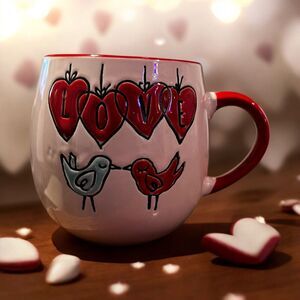 NEW Valentine Birds Mug Pink Ceramic Love Hearts Whimsical Cute Coffee Cup NWT